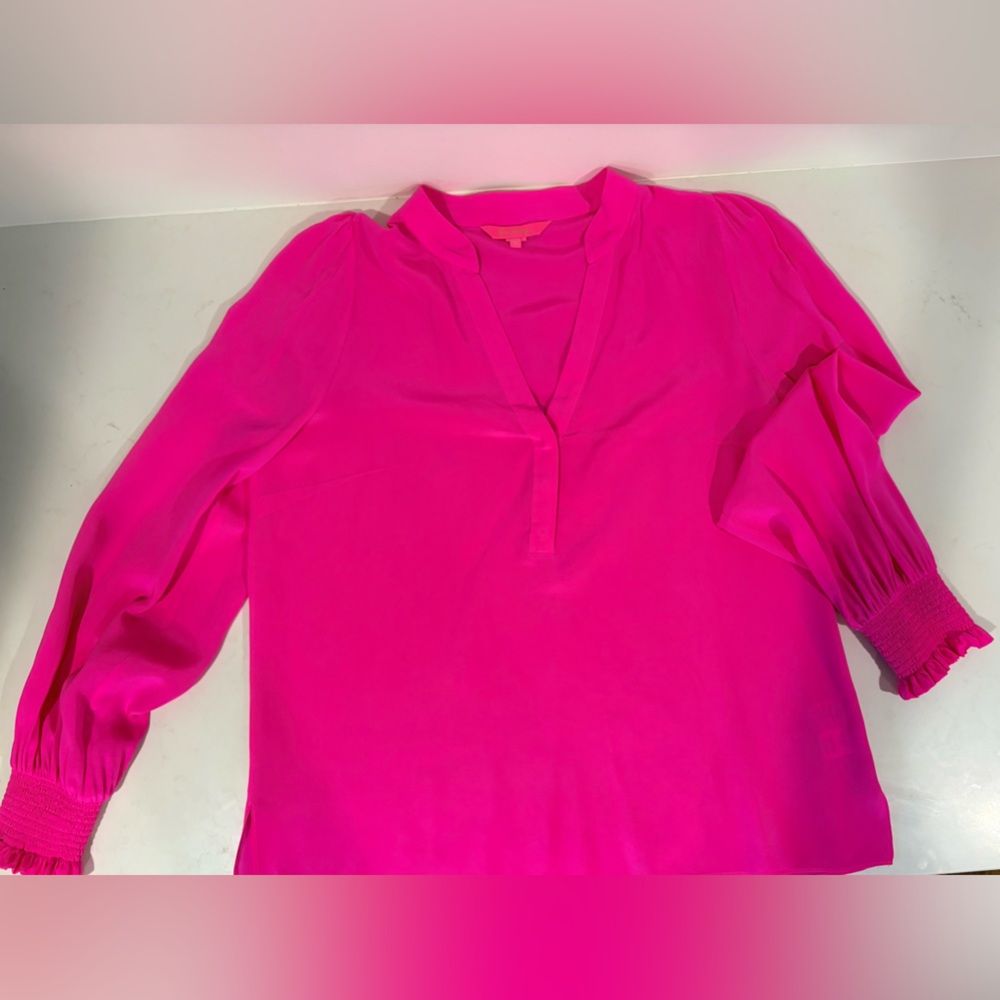 Lilly Pulitzer magenta v neck, smocked long sleeve top